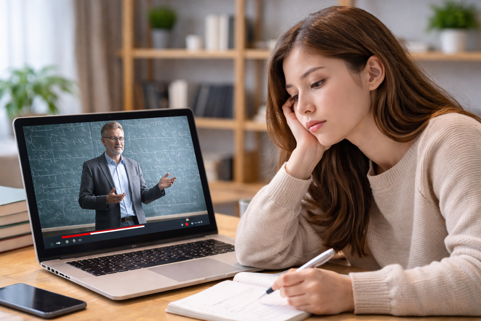 A tired, disengaged person watching video lectures